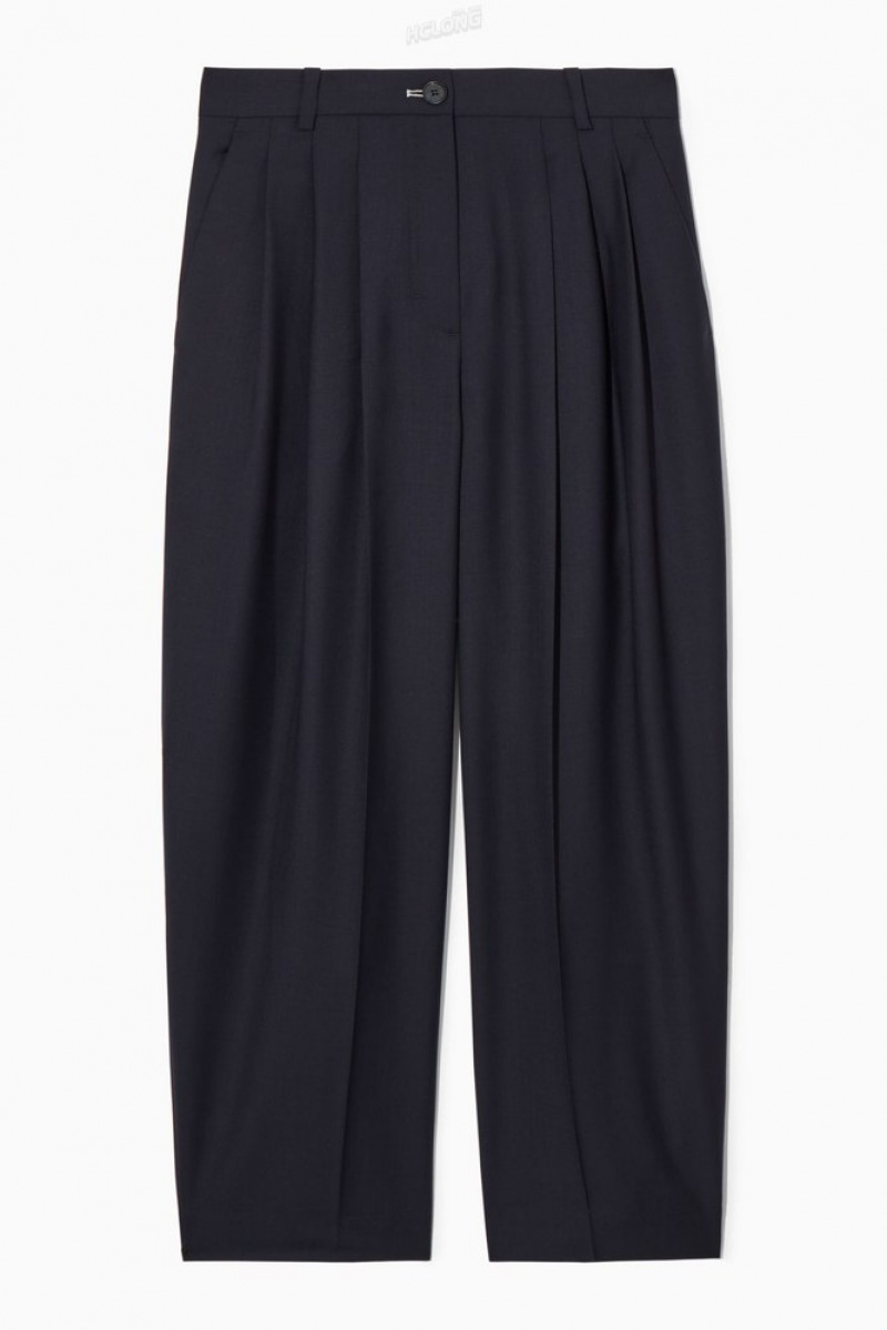 Navy COS Barrel-Leg Wool Trousers Trousers | BW56-R7BD