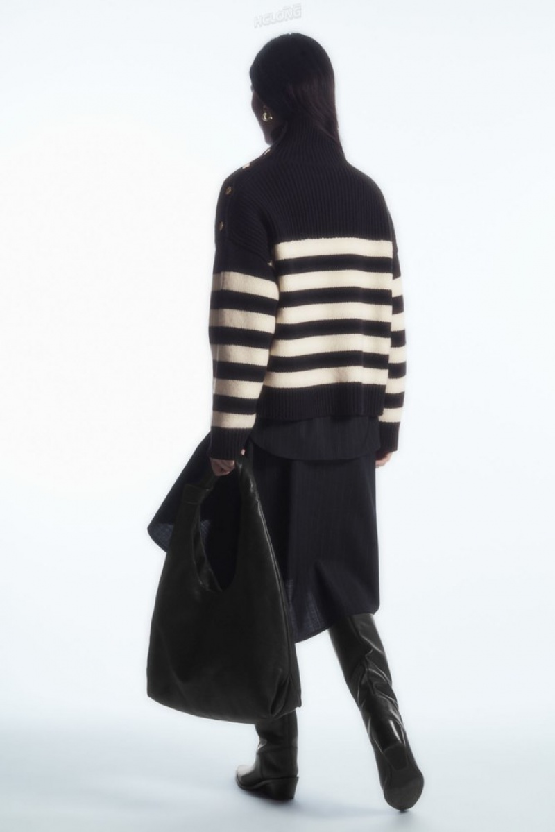 Navy COS Button-Embellished Striped Wool Jumper Knitwear & Cardigans | RN28-A7VE