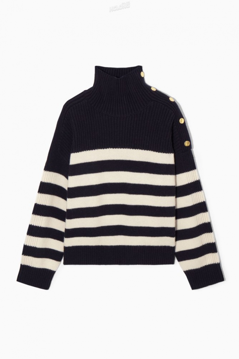 Navy COS Button-Embellished Striped Wool Jumper Knitwear & Cardigans | RN28-A7VE