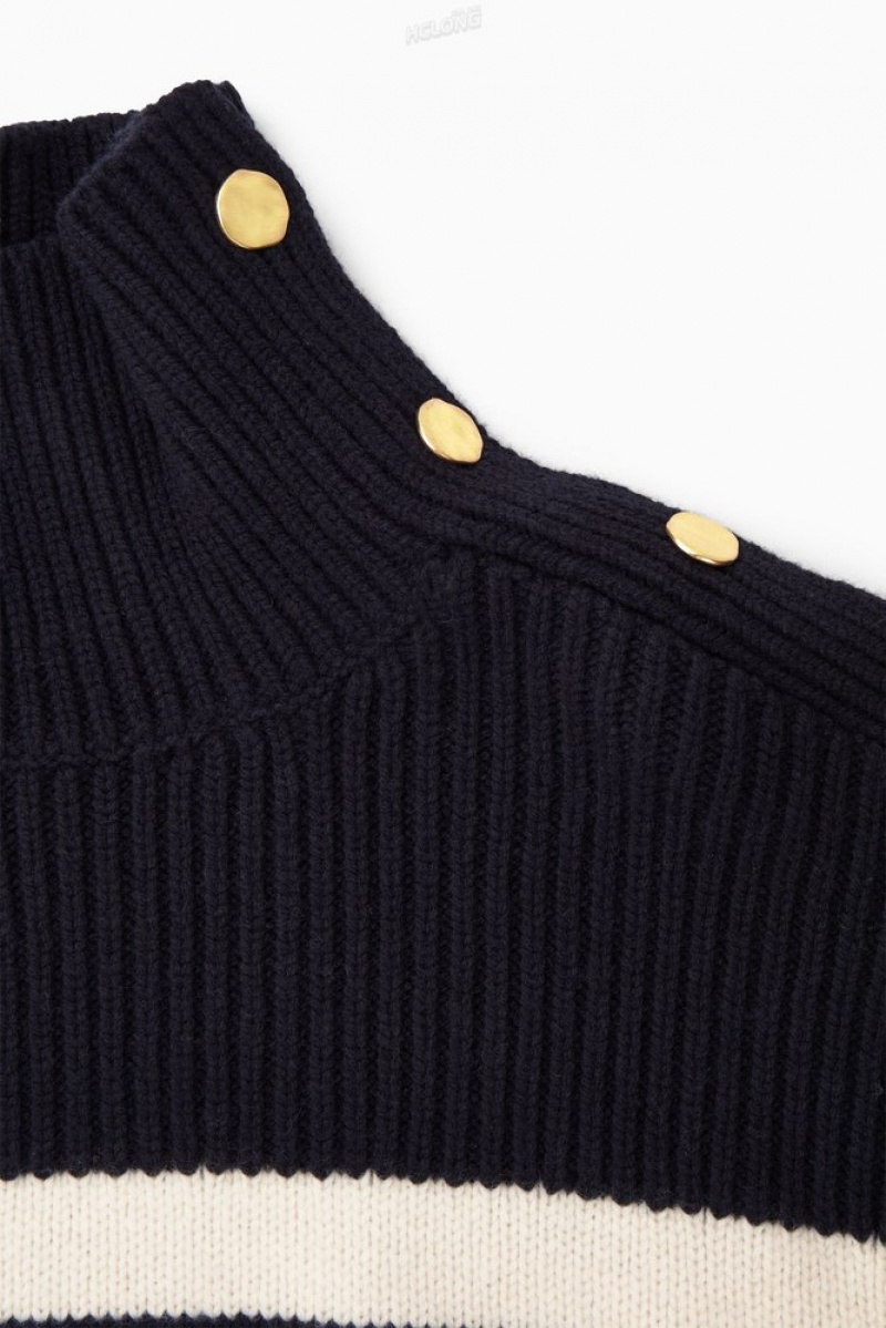 Navy COS Button-Embellished Striped Wool Jumper Knitwear & Cardigans | RN28-A7VE