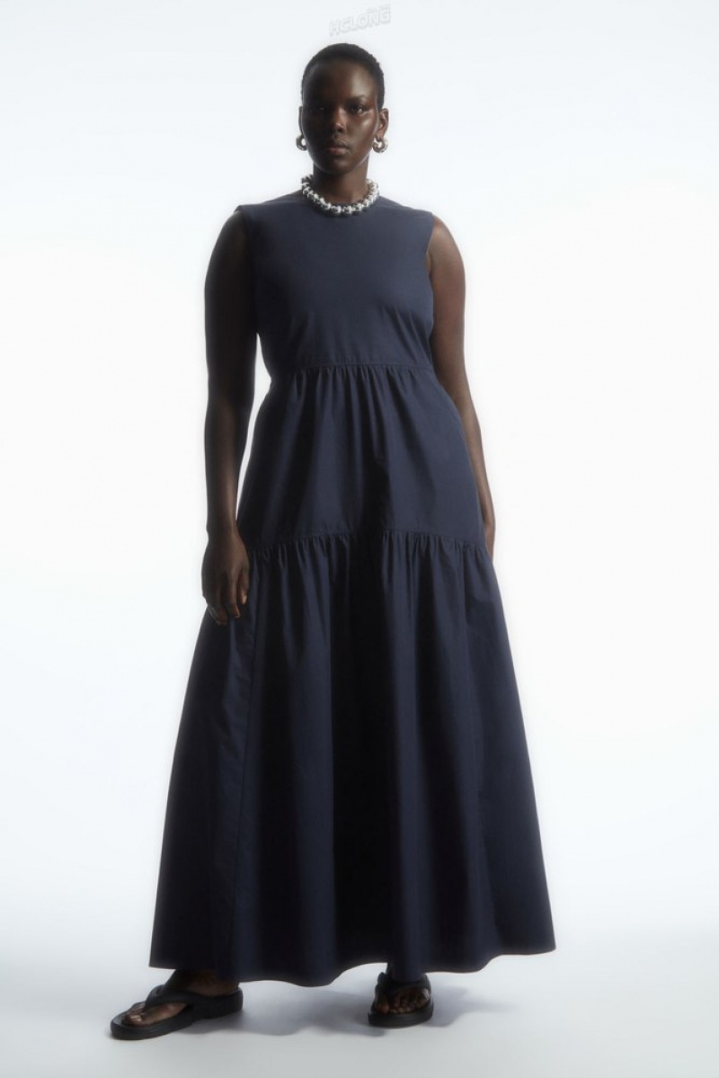 Navy COS Open-Back Tiered Dress Dresses | ZW00-F8YJ