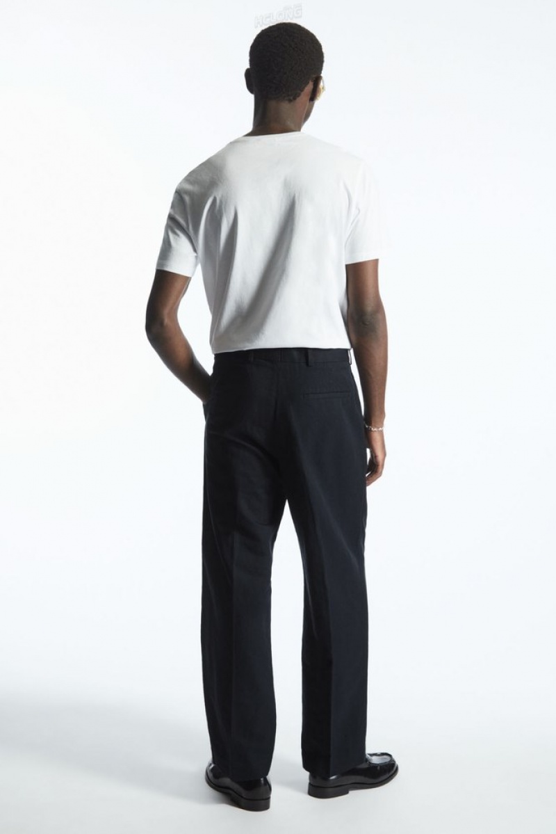 Navy COS Pleated Straight-Leg Linen-Blend Trousers Trousers | ZK11-J4ZR