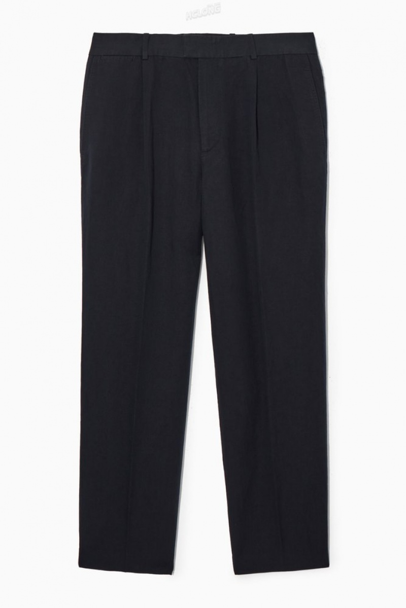 Navy COS Pleated Straight-Leg Linen-Blend Trousers Trousers | ZK11-J4ZR