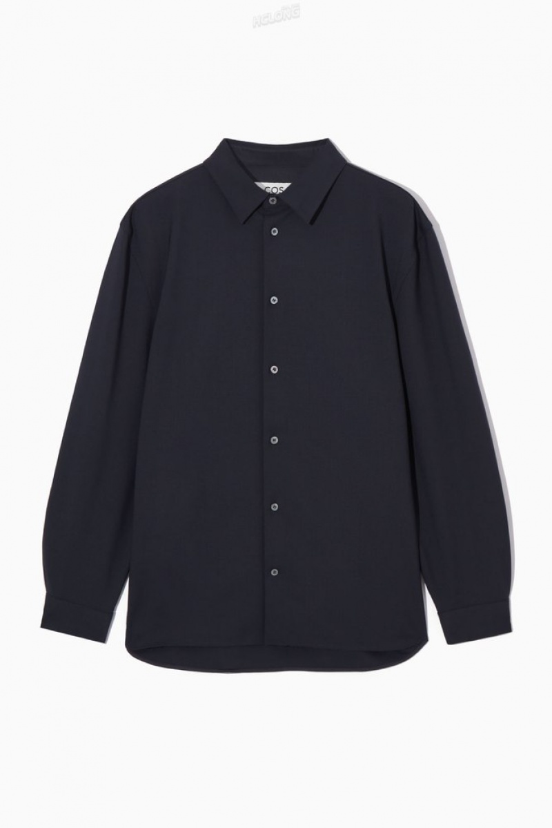 Navy COS Relaxed Wool-Blend Shirt Shirts | XQ55-V9FN