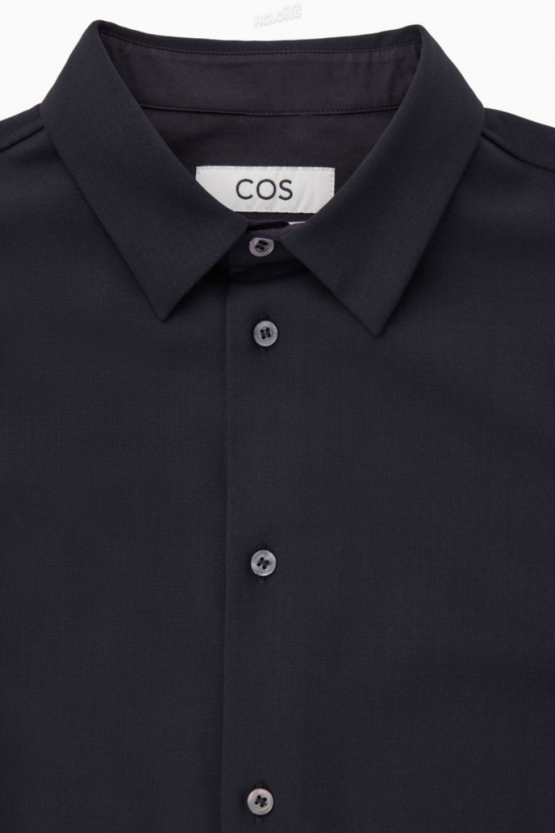 Navy COS Relaxed Wool-Blend Shirt Shirts | XQ55-V9FN