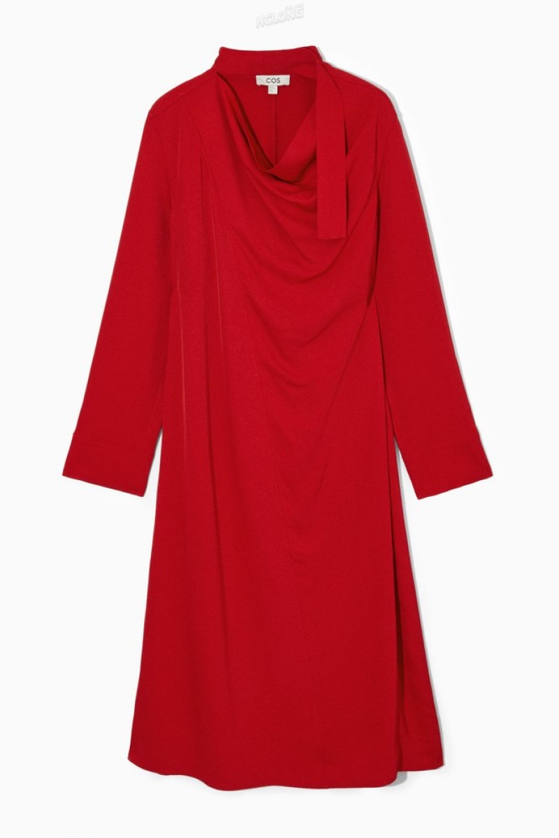 Red COS Scarf-Detail Draped Midi Dress Dresses | PP16-Z8MB