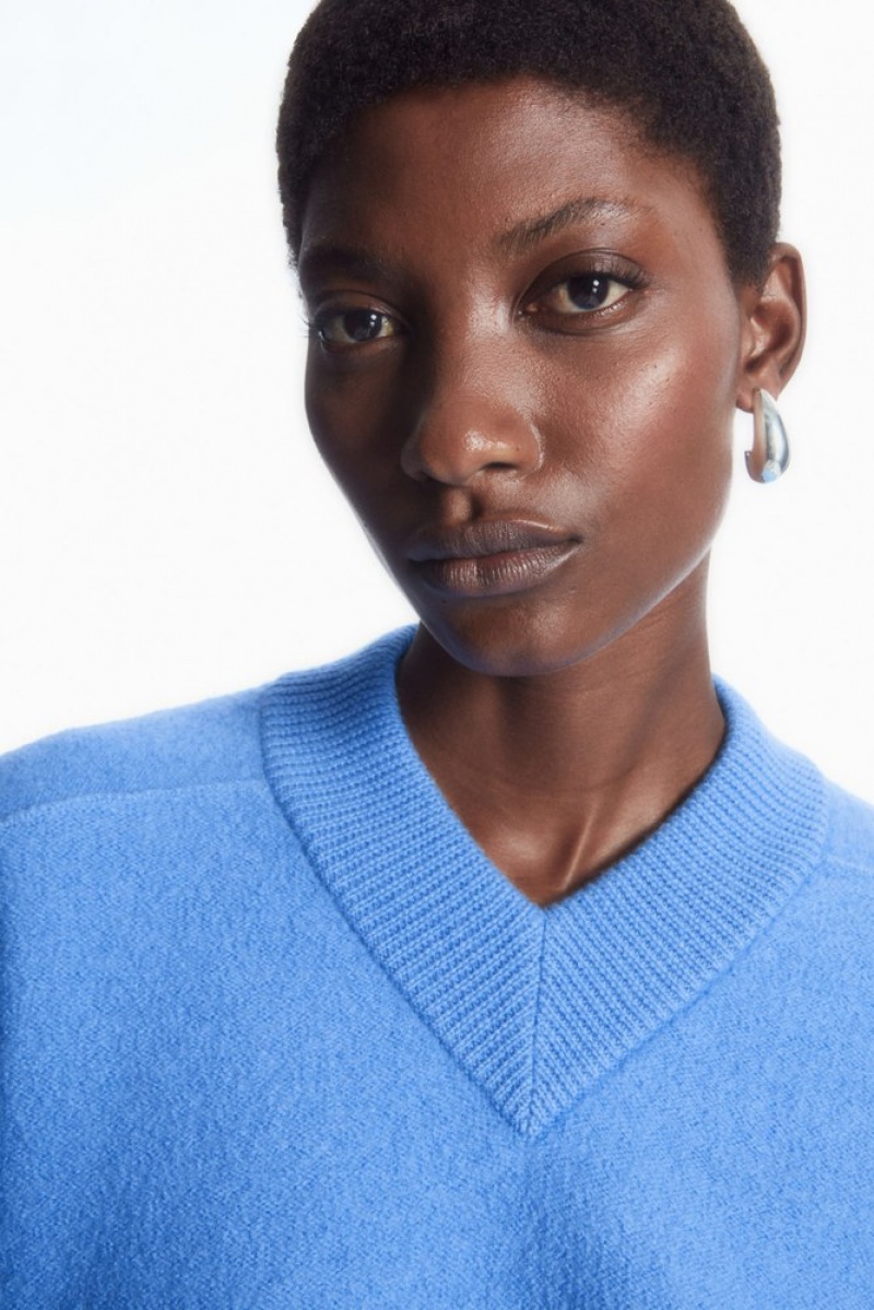 Sky Blue COS Cropped V-Neck Wool Sweater Sweaters & Cardigans | TT97-N3NE