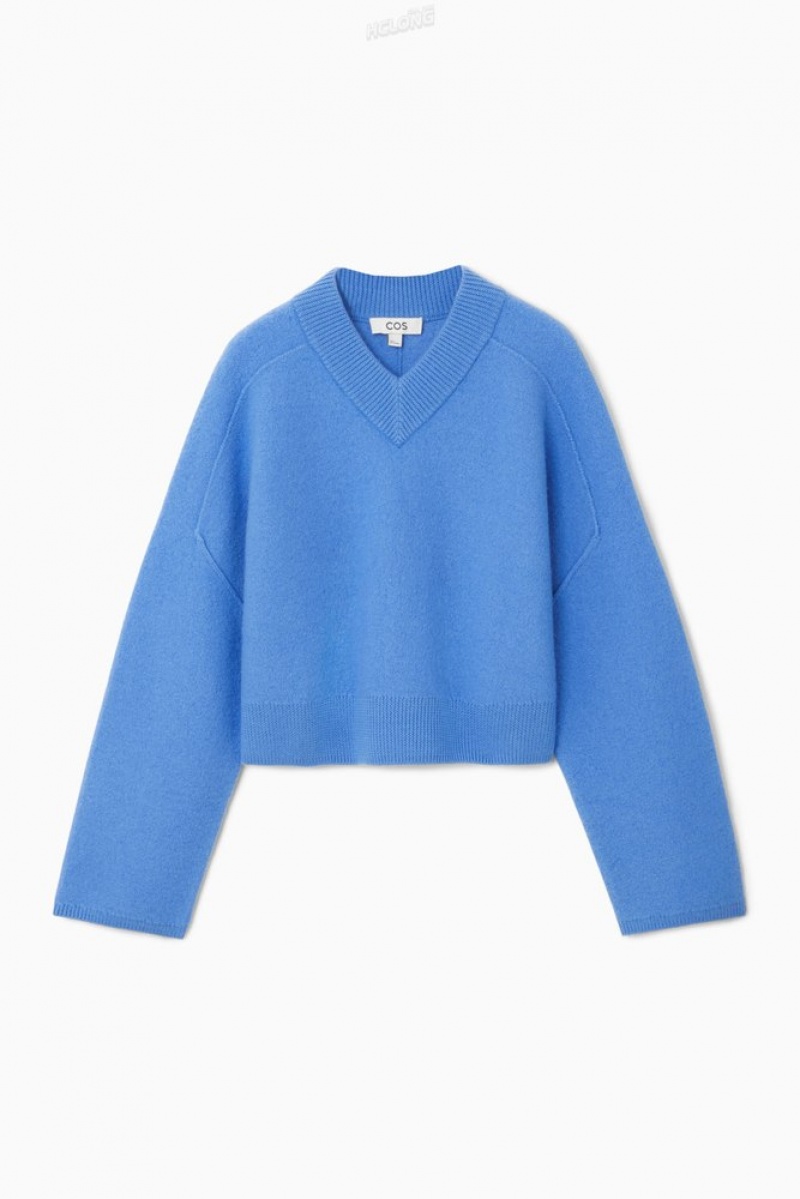 Sky Blue COS Cropped V-Neck Wool Sweater Sweaters & Cardigans | TT97-N3NE