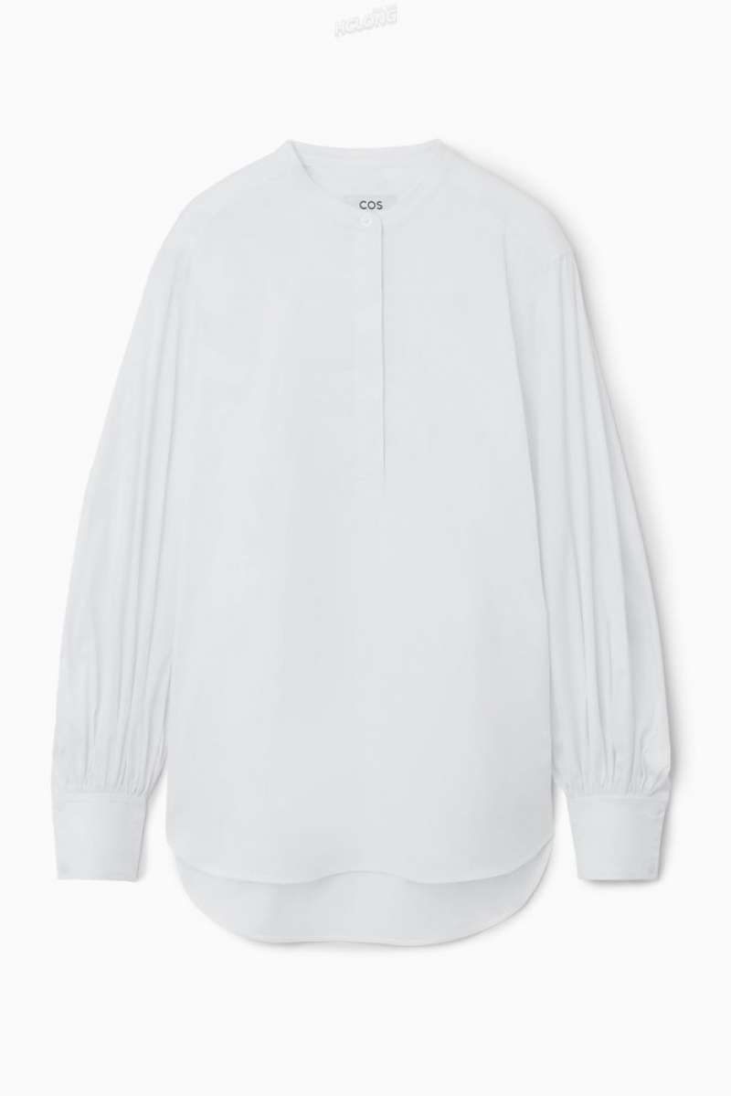 White COS Gathered Grandad-Collar Blouse Blouses | DL36-N8GD